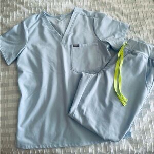 Figs Light Blue Scrub Set with Neon Yellow Accents